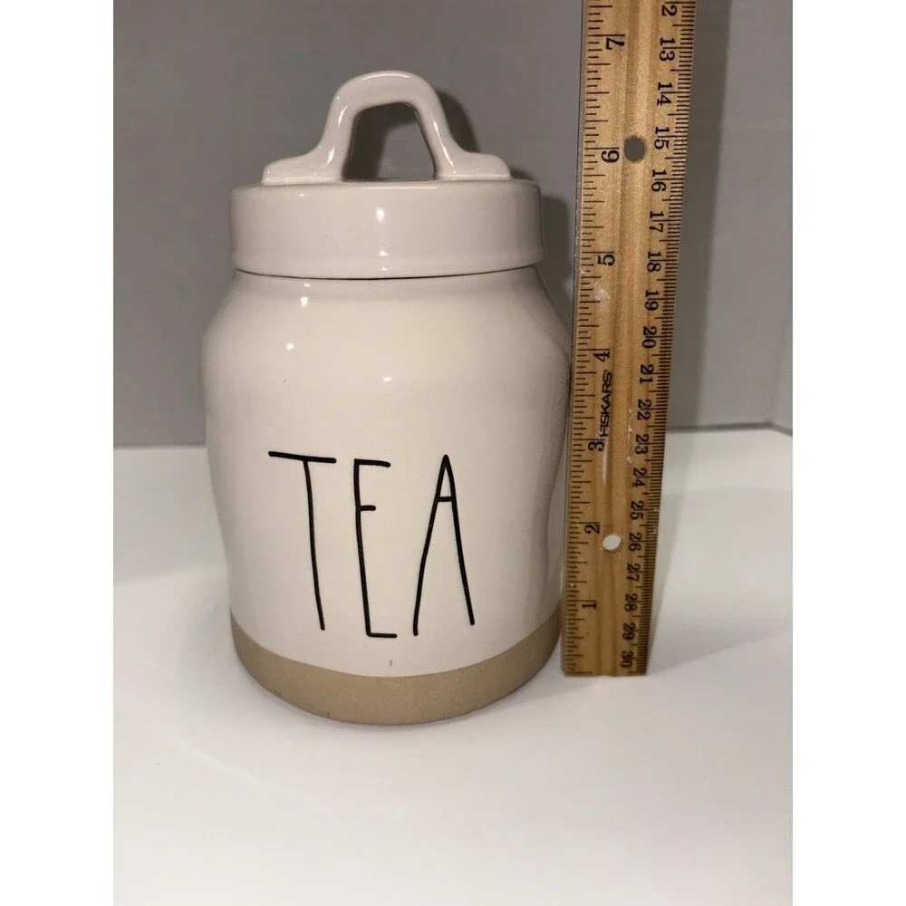 Rae Dunn 2021 Small Canister Tea Large Letters Sand Colored Bottom